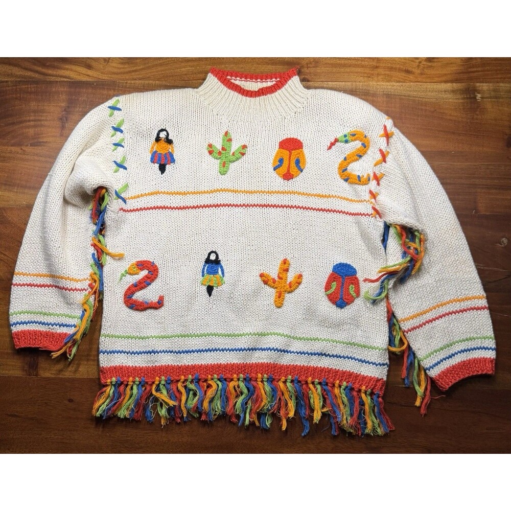 VTG 1990 IB Diffusion Sport Womens Southwestern Fringe Knit Sweater Novelty M